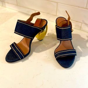 BCBGMAXAZRIA Denim heeled sandals with gold statement heel